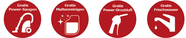 Vier rote Embleme: Gratis Power-Saugen, Gratis Mattenreinigung, Gratis Power-Druckluft, Gratis Frischwasser
